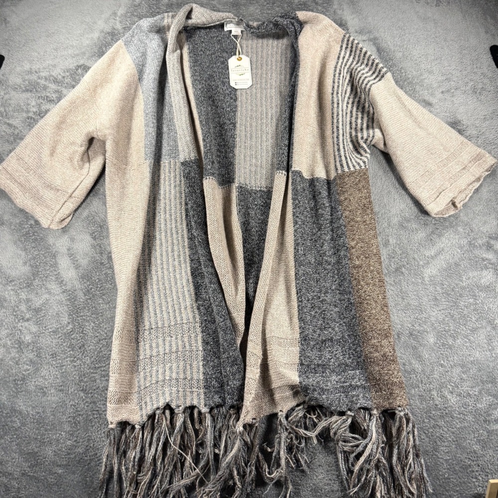 Loveriche Womens M/L Taupe Patchwork Fringe Open Front Cardigan Sweater